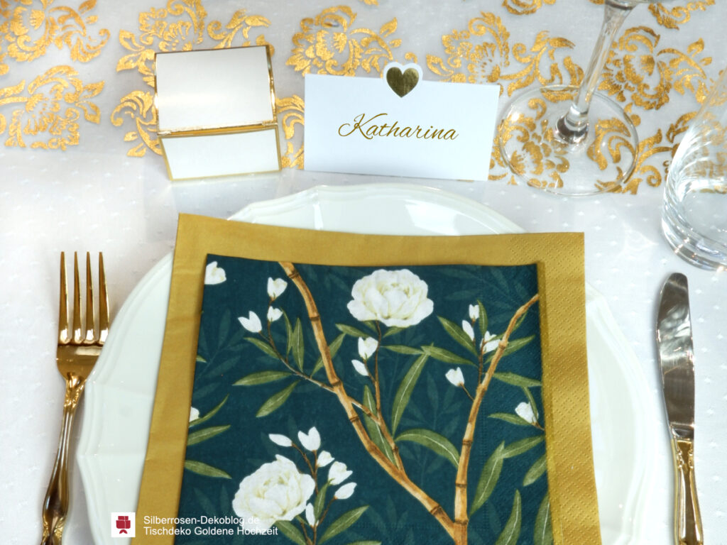Tischdeko goldene Hochzeit mit Tischkarte und Gastgeschenk
