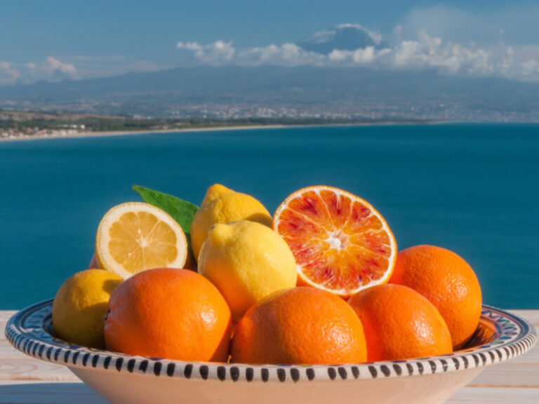 Eine Schüssel mit Zitronen und Orangen vor dem Meer. Im Hintergrund sieht man den Aetna.