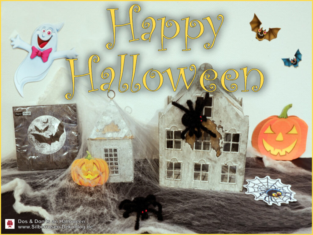 Überschrift in Krakelschrift: Happy Halloween. Kerzenhäuser mit Spinneweben, Spinnen und XXL-Halloween-Stickern.