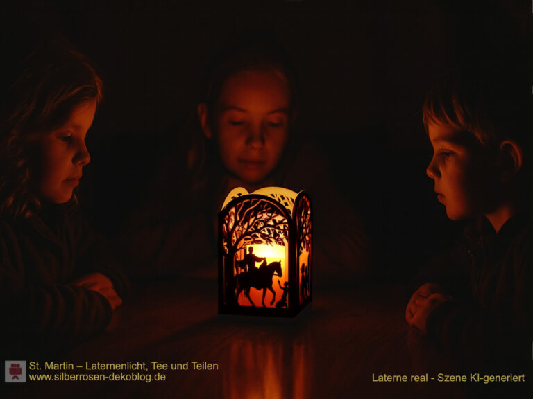 Martinslaterne auf einem Holztisch, sanftes Laternenlicht; drei Kinder sind im Dunkeln nur spärlich vom warmen Schein angeleuchtet