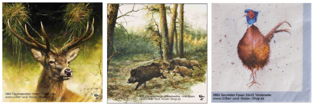 Drei Sorten Papierservietten: Hirsch, Wildschwein oder Fasan.