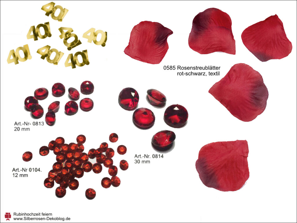Deko zur Rubinhochzeit: goldene Streuzahlen 40, textile rote Rosenblätter und Acrylrubine in verschiendenen Größen.