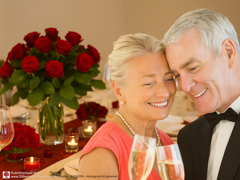 ubinhochzeitspaar vor gedeckter Tafel mit roten Rosengestecken und rotem Tischläfufer.