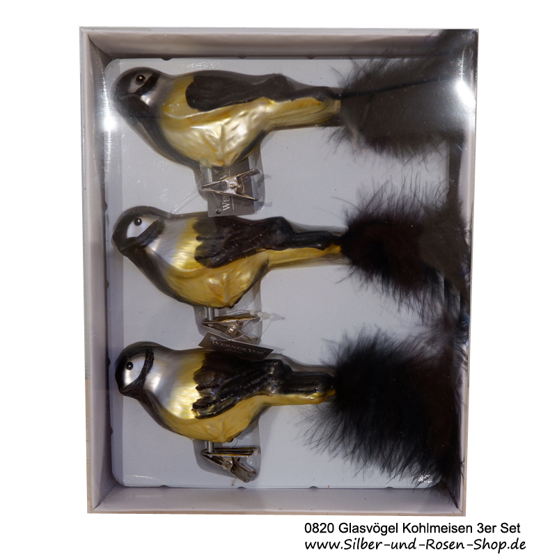 3er Set Dekovögel Kohlmeisen aus Glas in der Packung