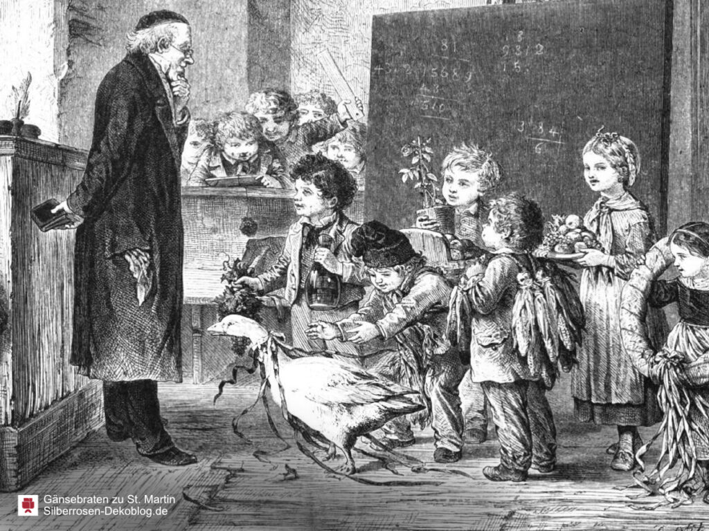 Radierung von Offterdinger aus der Gartenlaube: Kinder bringen ihrem Lehrer eine Gans und andere Lebensmittel.