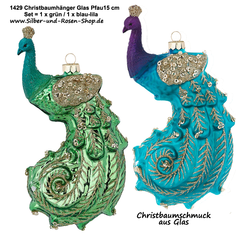 Christbaumanhänger in Form eines Pfaus, 1 x grün, 1 x türkis