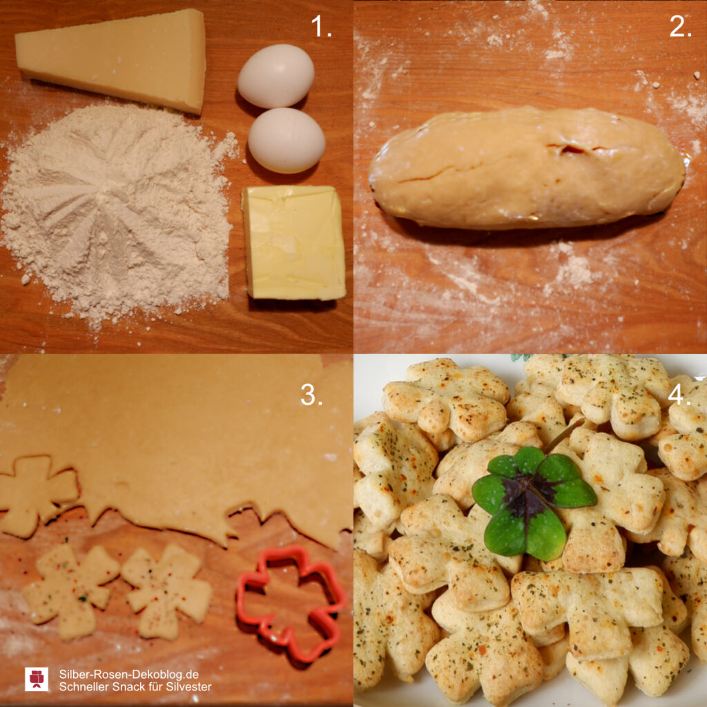 Vier Stadien des Gebäcks, von den Zutaten zu den fertigen Kleeblättern.