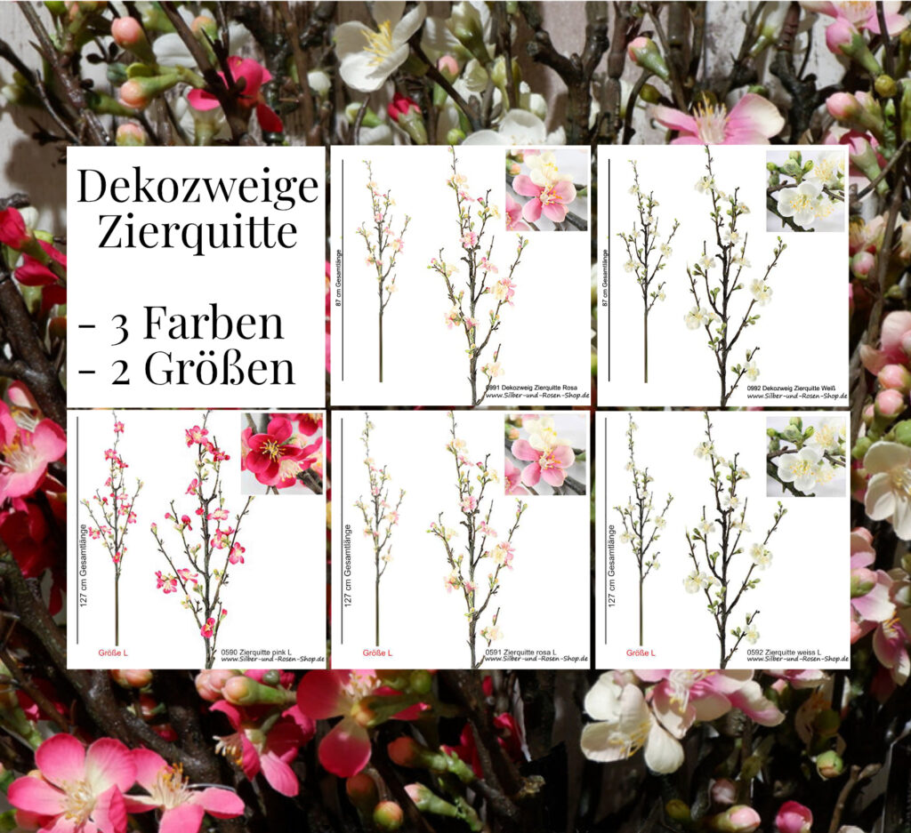 Künstliche Blütenzweige von der Zierquitte in Weiß, Rosa und Pink